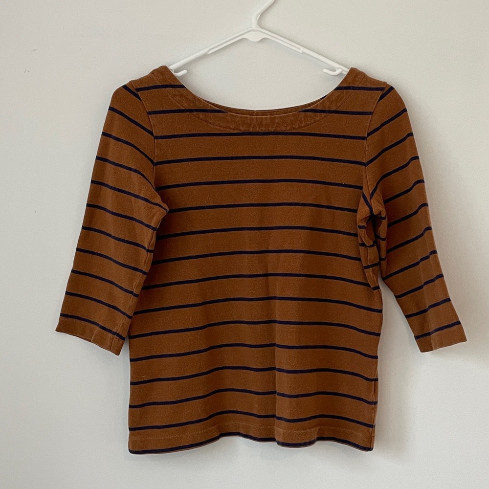 Lands End Canvas Brown Navy Stripe Boat Neck Sailor Nautical Heavy Weight Shirt
